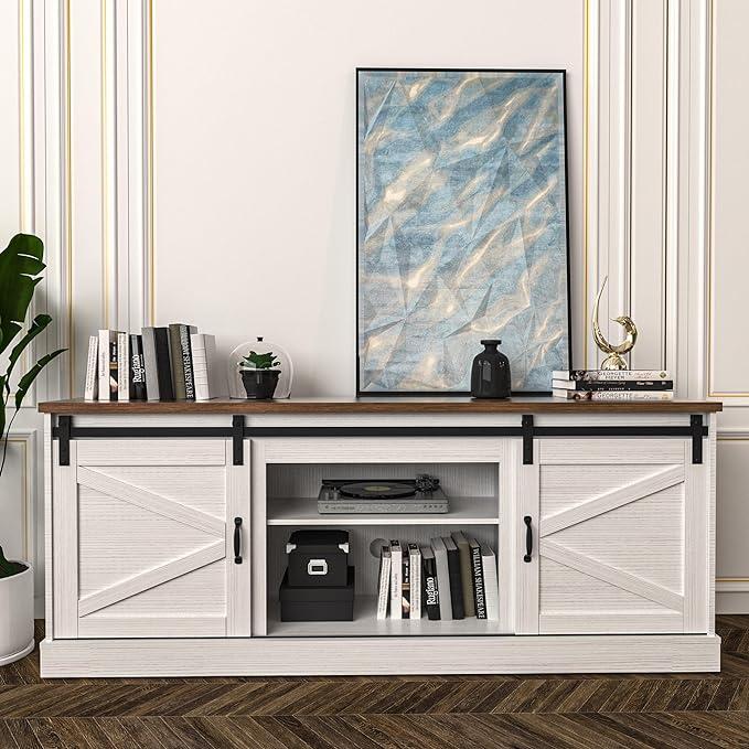 [2 Packages Delivery] Kullavik Farmhouse TV Stand up to 85“ Television, Sliding Barn Door Entertainment Center, TV Cabinet Storage Shelves, Media Furniture for Living Room White