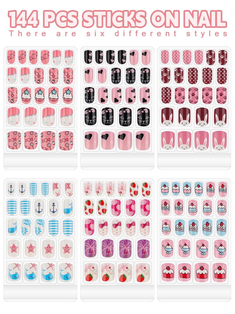 Kalolary 144PCS kids False Nail, Press on Pre-glue Full Cover Candy Pattern Short False Nail Kits,6Pack Press on Nails for Candy Child Nail Tips ,Holiday Gifts Lovely Gift for Kids Little Girls Nail Art Decoration Mommy & Me Valentine Nails Kit