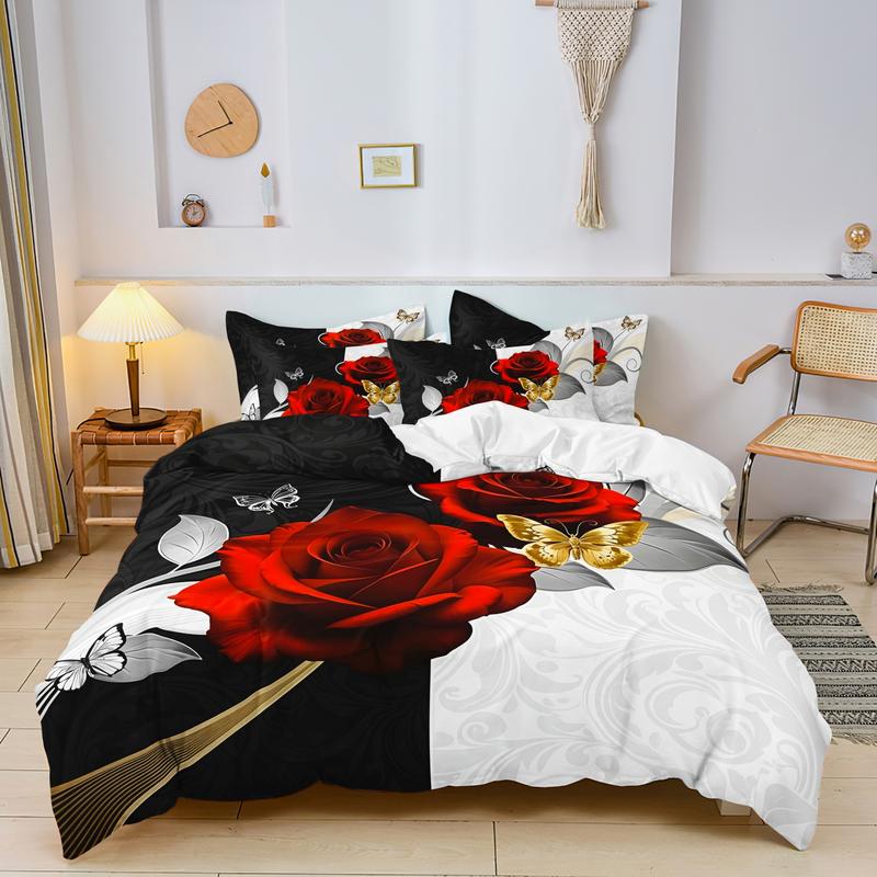 3 Counts/set Valentine's Day Love Letter Rose Pattern Duvet Cover Set including 1 Duvet Cover + 2 Pillowcases, Soft and Comfortable Decorative Bedding for Bedroom or Guest Room, Without Comforter