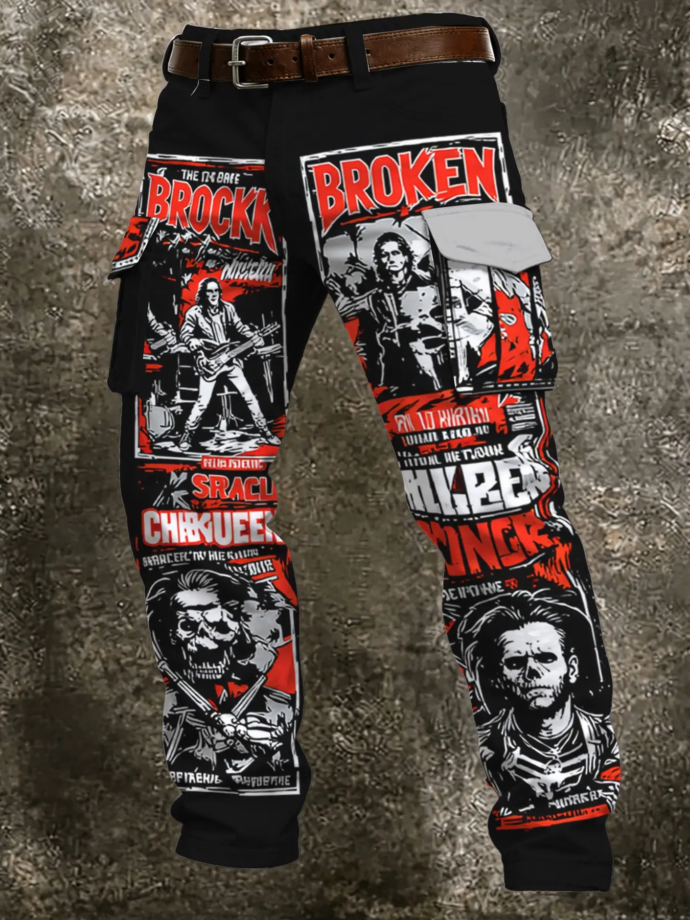 Men's Retro Rock Poster Work Pants, Dual Side Color Block Pockets, Skull Musician Print, Loose Fit Punk Streetwear, Multi-Pocket Cargo Trousers