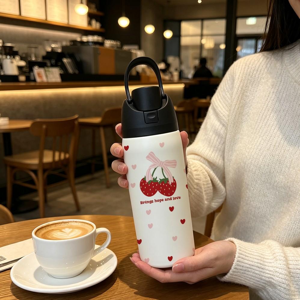 Sweet Bow Strawberry Heart 32oz Insulated Cup, 304 Stainless Steel, Portable Direct Drink, Girl Style, Car Travel Water Bottle, 1 Piece