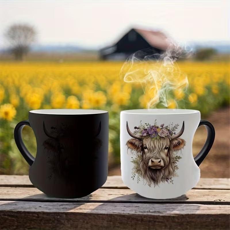 1pc Scottish Highland Cow Magical Mug with Heart-Shaped Handle & Scottish Cow Design - Funny Coffee Mug, Ceramic Tea/ Cup, Hand Wash Only, Reusable Gift for &, Birthdays, Cartoon Themed Gifts 11oz