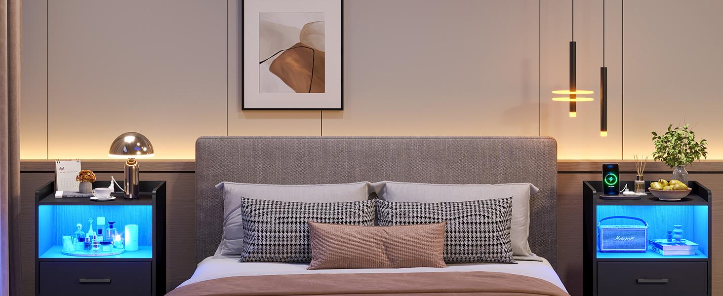 Hasuit Night Stand Set of 2 with LED Lights and Charging Station, Modern Bedside End Table with 2 Fabric Storage Drawers, Black Nightstands for Bedroom