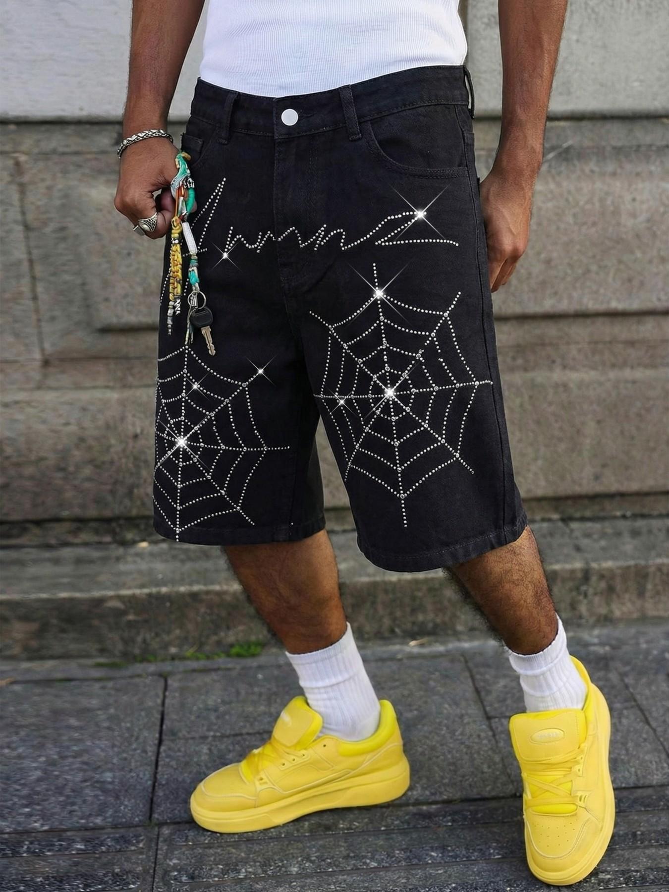 Men's Summer Rhinestone Spider Web Pattern Loose-Fit Straight Leg Denim Shorts, Streetwear Party Music Festival Casual Five-Pocket Pants