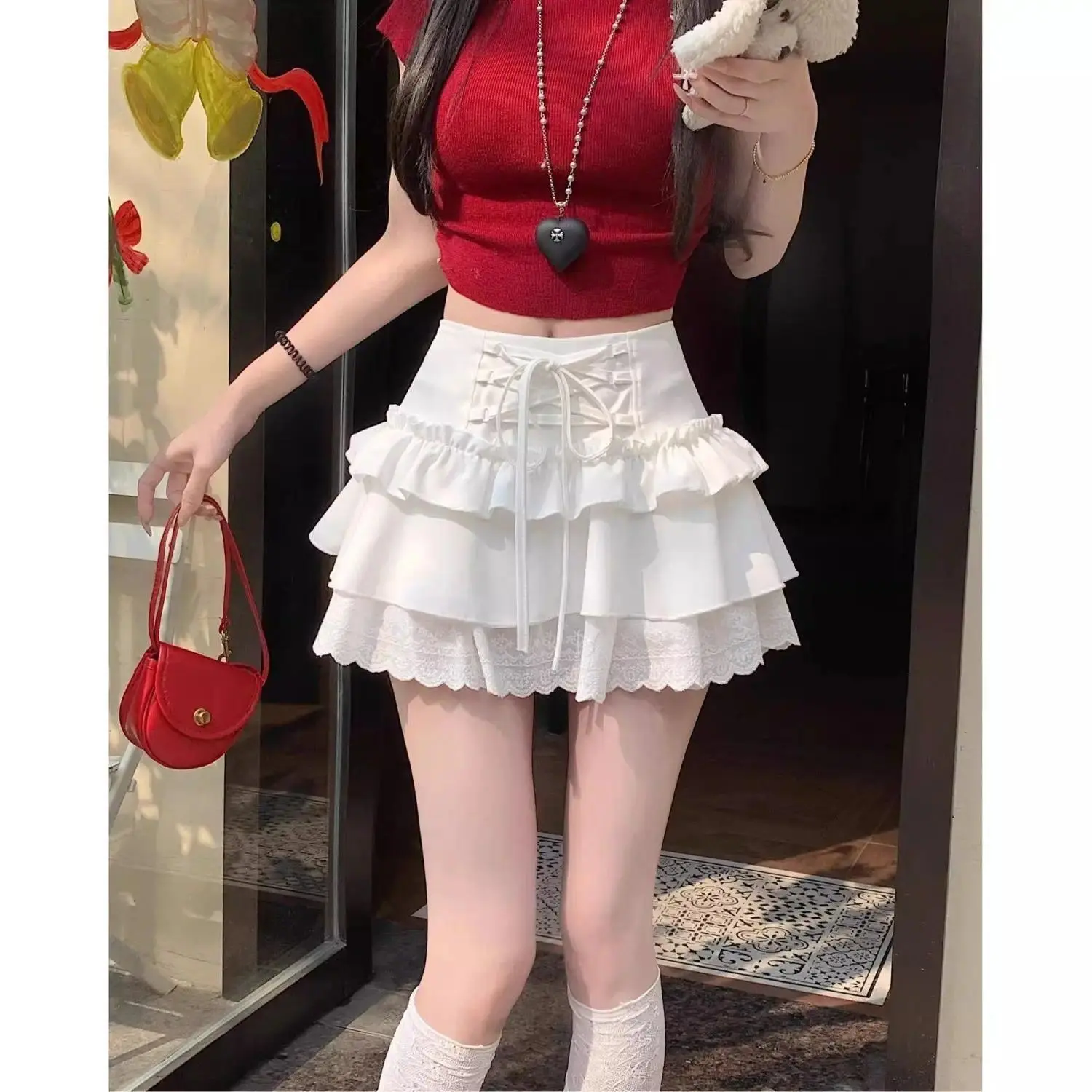 Dark Grey Lace Trim Ruffle Mini Skirt Women Gothic Lolita Lace Up Waist Layered Frill A-line Short Skirt for Teen Girls Party
