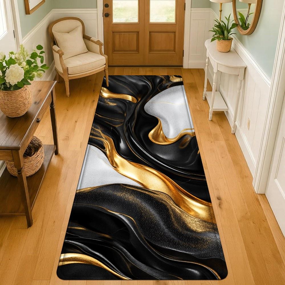 1PC， Black Gold White Fluid Texture Patterned strip rugs, home décor, bathroom mats, entryway mats, bathroom non-slip mats, indoor entrance rugs, bedroom bedside mats, kitchen mats, hallway rugs, flannel sponge rugs, hallway runner rugs