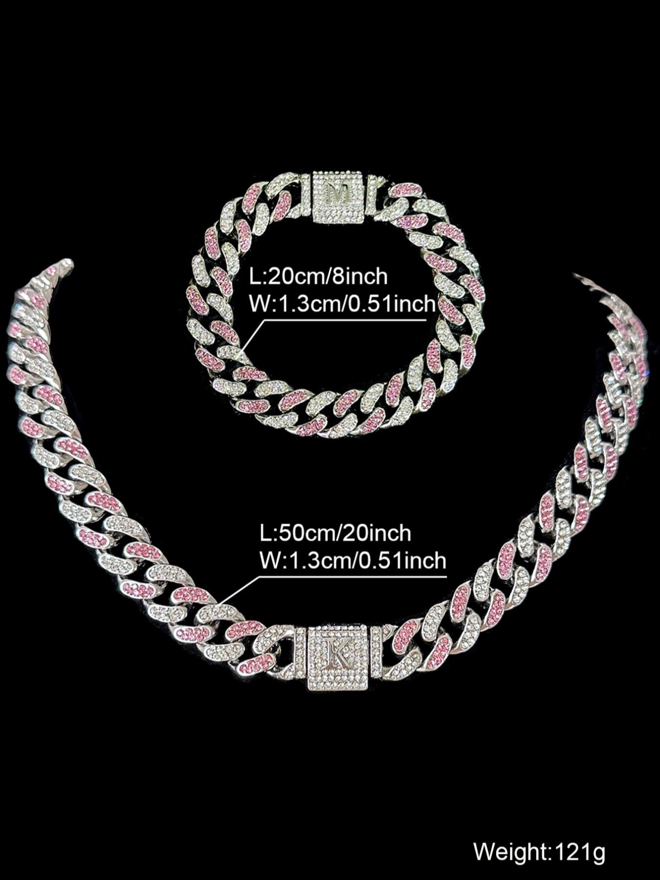 Unisex Street Style Letter Design Cuban Link Chain Bracelet & Necklace, Rhinestone Decorated Fashionable Jewelry Set, Fashion Accessories for Party, Daily Decor for Boy