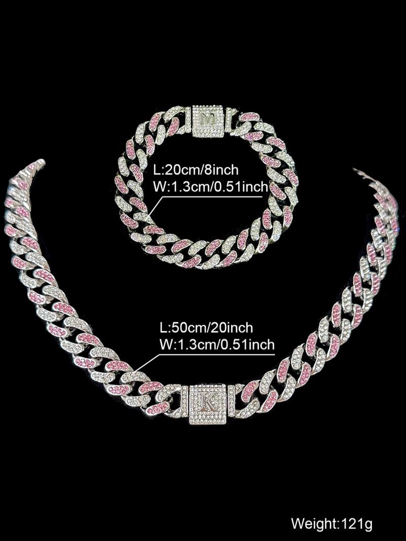 Unisex Street Style Letter Design Cuban Link Chain Bracelet & Necklace, Rhinestone Decorated Fashionable Jewelry Set, Fashion Accessories for Party, Daily Decor for Boy