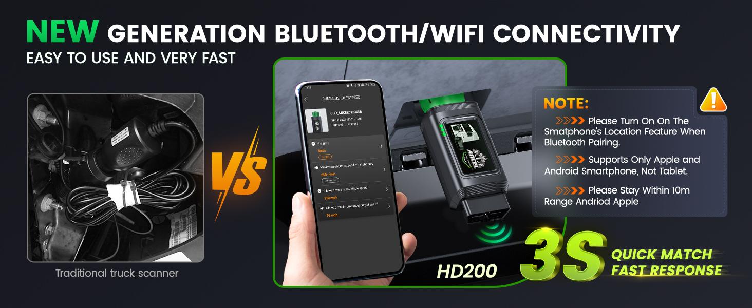 ANCEL HD200 Bluetooth Heavy Duty Truck Scanner, Speed Limit Reset Tool for Cummins & Caterpillar Engines Diesel Diagnostic Tool, All System 2 In 1 HDOBD & OBD2 Truck & Car Code Reader, Lifetime Free Updates, Auto Automotive Vehicle Repair  Tool