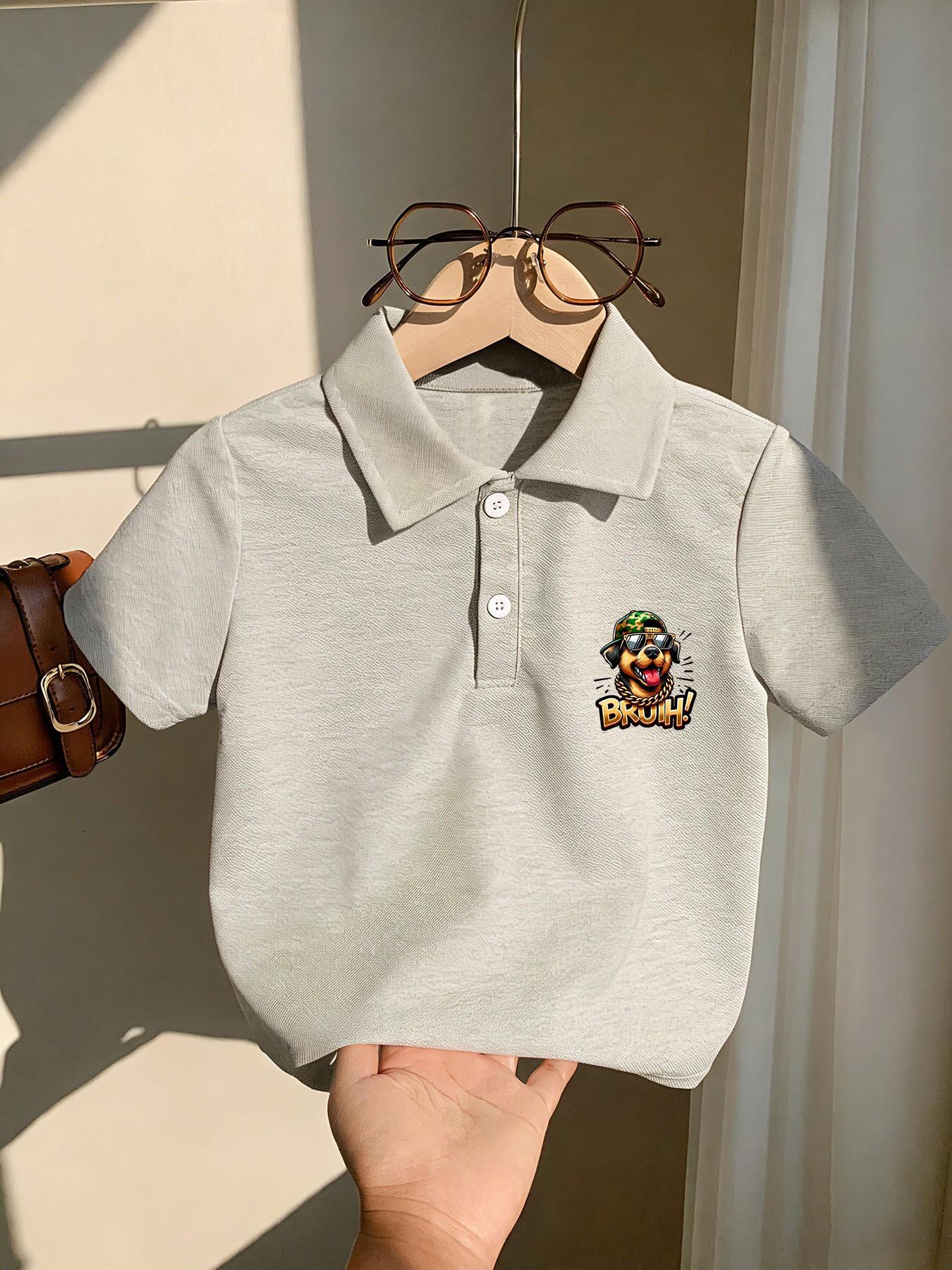 Boys' Cool Dog Print Polo Shirt, Trendy and Eye-Catching, Perfect for Summer Streetwear, Casual, Soft and Breathable