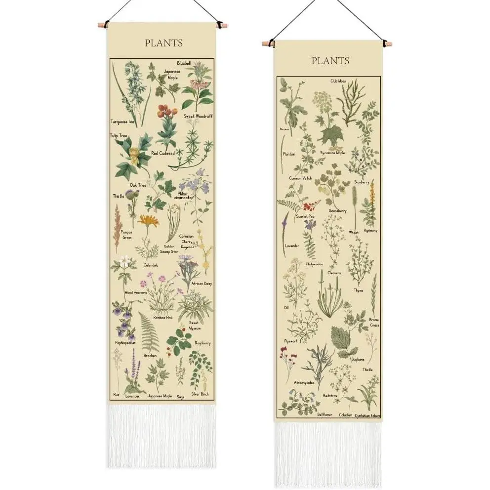 COMBLOOM Vintage Tapestry 2 Pack Long Vertical Wall Hanging Reference Illustrative Botanical Tassel Tapestry for Bedroom Living Room Home Decoration(52 x 13 Inches )