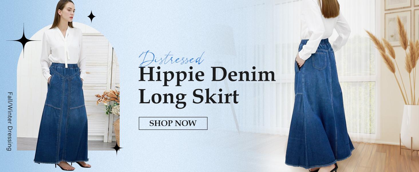 CHARTOU Women's A-line Long Denim Skirt Vintage Stretch High Waist Frayed Denim Skirt with Pockets Maxi Black