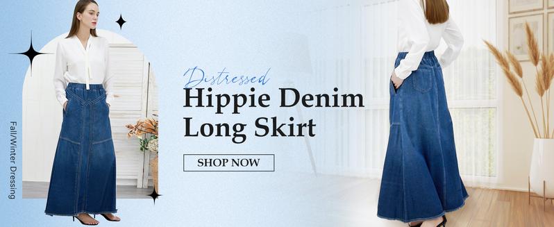 CHARTOU Women's A-line Long Denim Skirt Vintage Stretch High Waist Frayed Denim Skirt with Pockets Maxi Black CHARTOU Women's A-line Long Denim Skirt Vintage Stretch High Waist Frayed Denim Skirt with Pockets Maxi Black