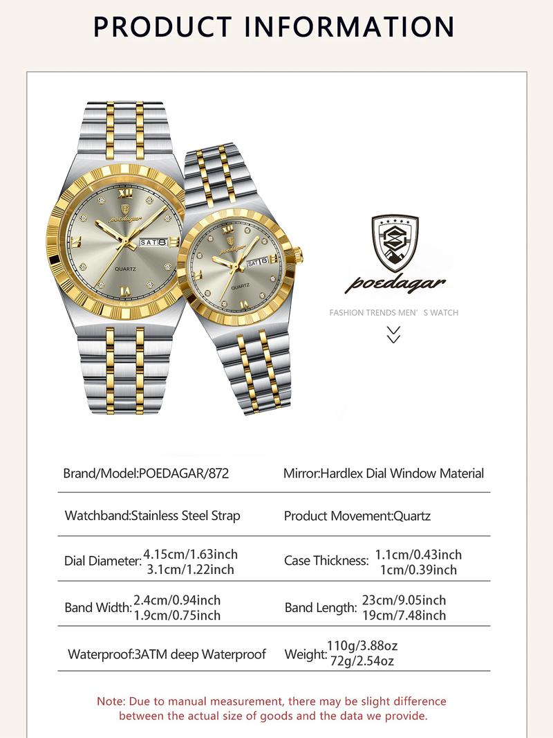 Poedagar couple's set watch quartz watch for men and women waterproof luminous stainless steel watch, lover's watch, suitable for gift giving