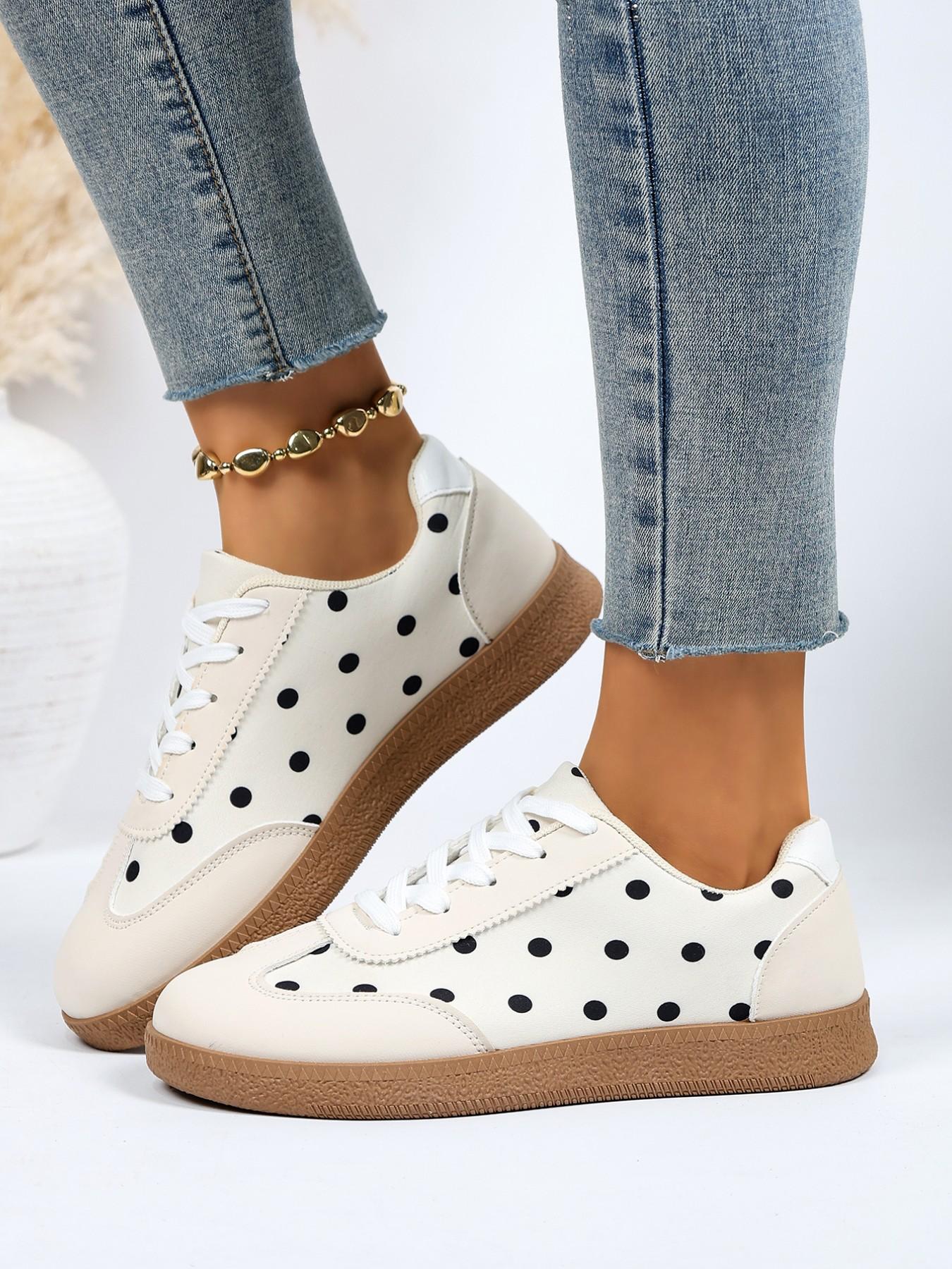 Women's Polka Dot Print Casual Board Shoes, Low Ankle Trainers, Vintage Soft Rubber Sole Lace-Up Athletic Sports Shoes, Everyday Versatile Flat Sneakers, Trending Sneakers, Walking Shoes