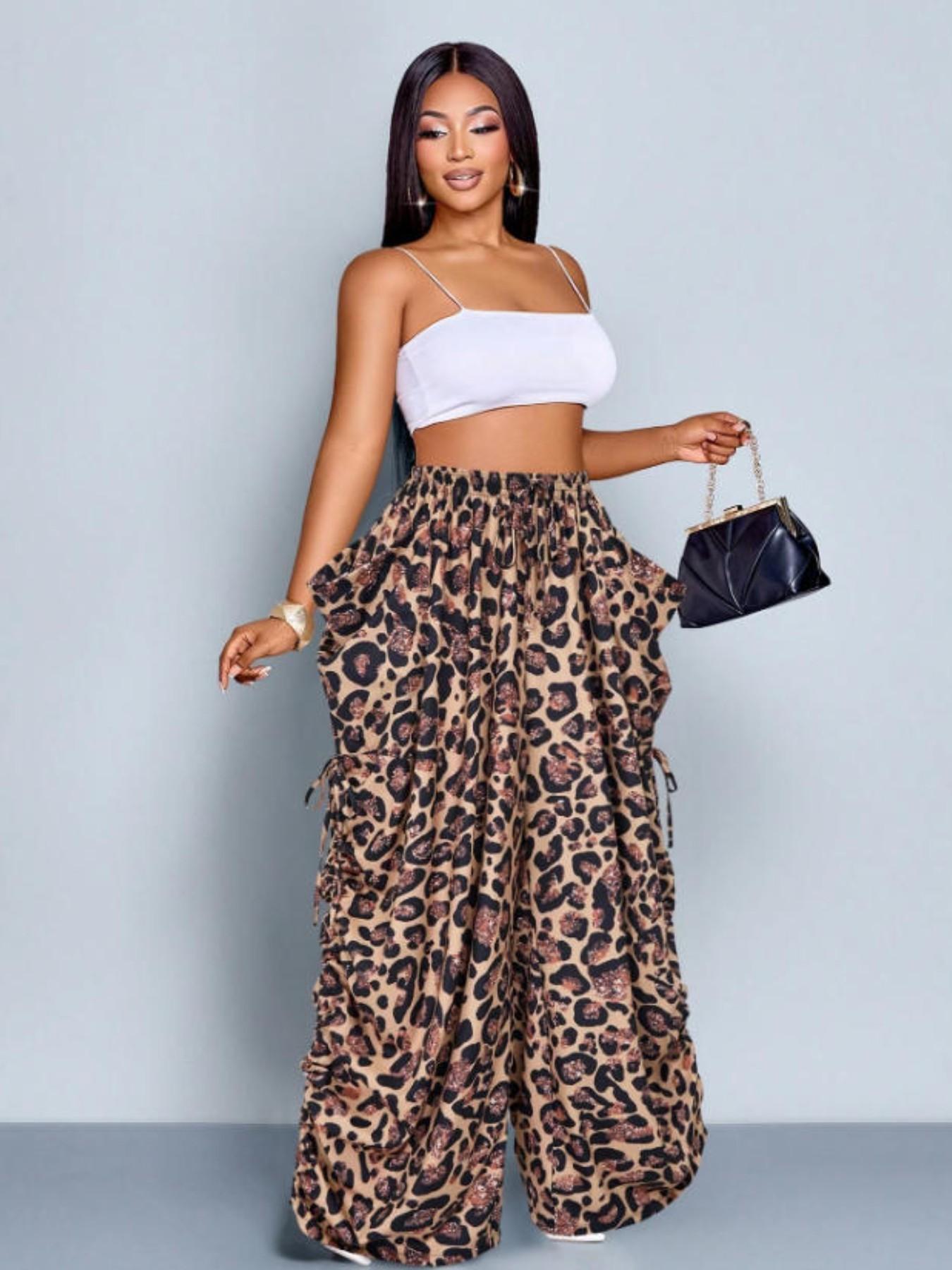 Women's Leopard Print Harem Pants Bottom, Casual High Waist Loose Breathable Cotton Linen, Medium Stretch Thin Drawstring Pockets, Streetwear Punk Style