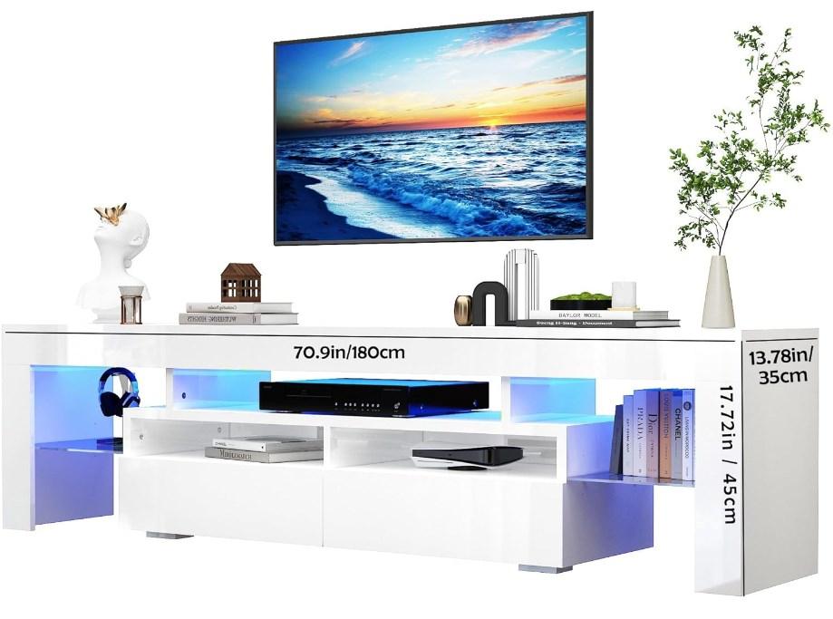 70in LED TV Stand for 75/80 inch TV, High Glossy Modern Entertainment Center with Drawer and Open Shelf, Television Table Center Media Console for Living Room, White/Black