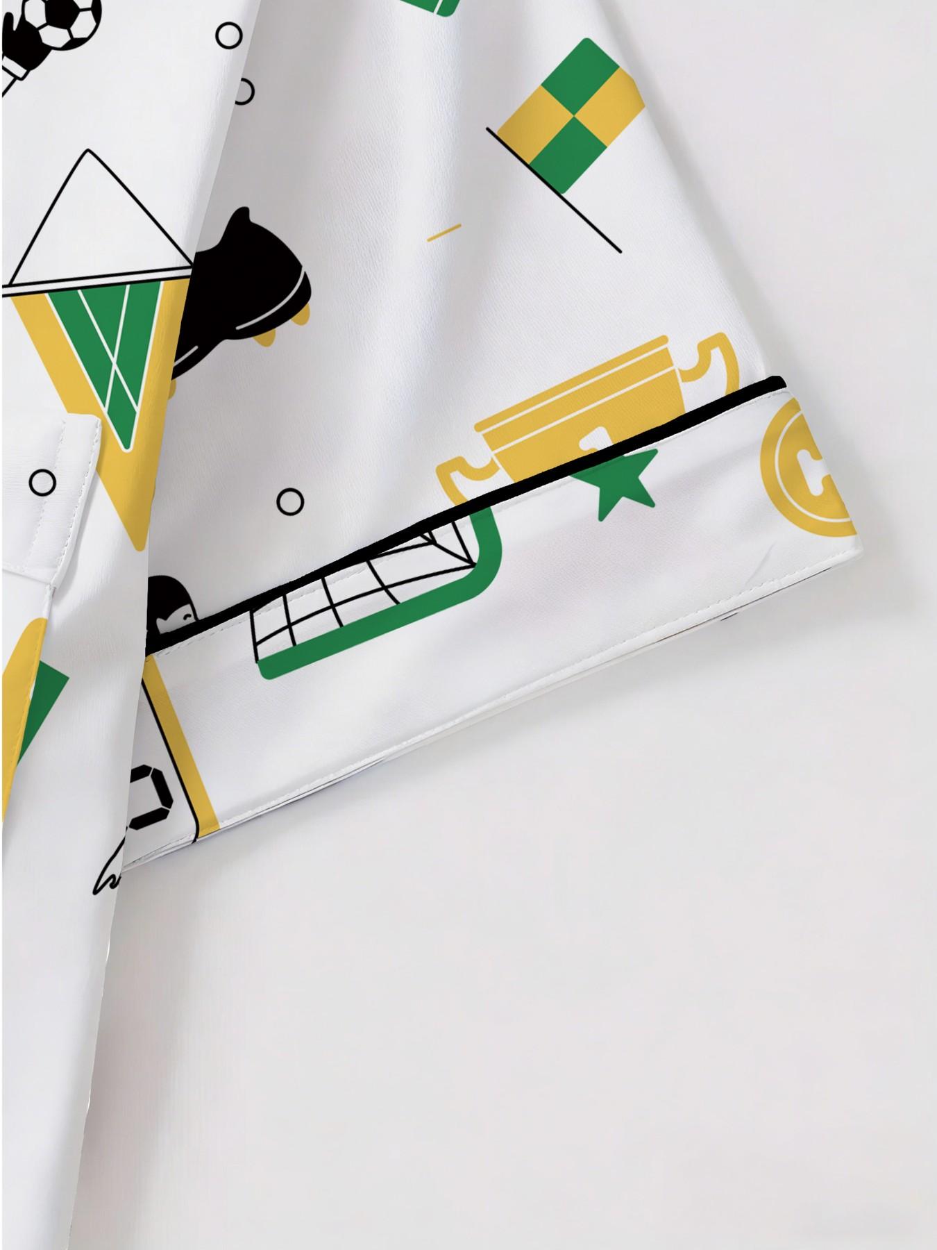 Women's Short Sleeve Button Down Top and Shorts Pajama Set, Spring Summer Wear, For Soccer Football Fans, White Base Yellow Green Soccer Game Print, Classic Lapel Collar, Loose Fit, Comfortable For Home & Game Nights