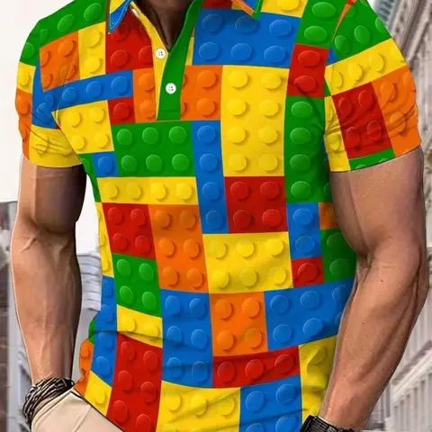Men's Summer Fashion Shirt, Casual Street Style Colorblock Design, Polo Short Sleeve Fitted T-Shirt, Geometric Pattern, All Seasons, Collared Polo Shirts