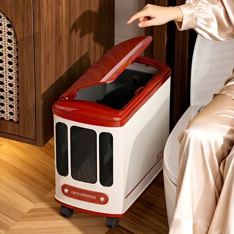 Compact Retro Bus Design Household Trash Can, Wheeled Odor-proof Waste Bin for Small Apartment Daily Use
