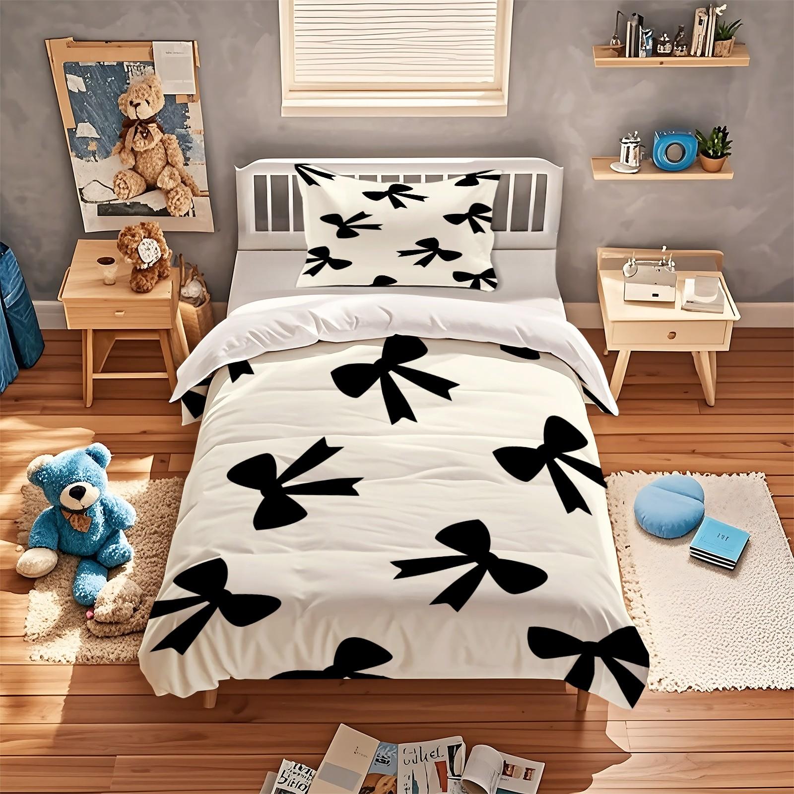 2/3 Pcs Cute Bowknot Duvet Cover Set, Pastel Ribbon Bedding Set for Girls Bedroom, Elegant Warm Gift for Women, Filling Not Included