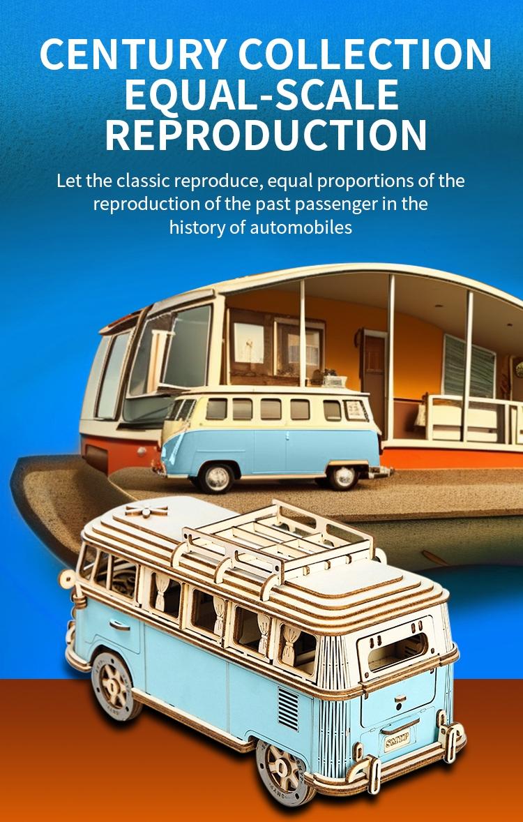 Blue Camper Wooden Puzzle, Wood Car Model, 3D Assembly Toy, Educational Intelligence Toy, Realistic Car Series Decoration