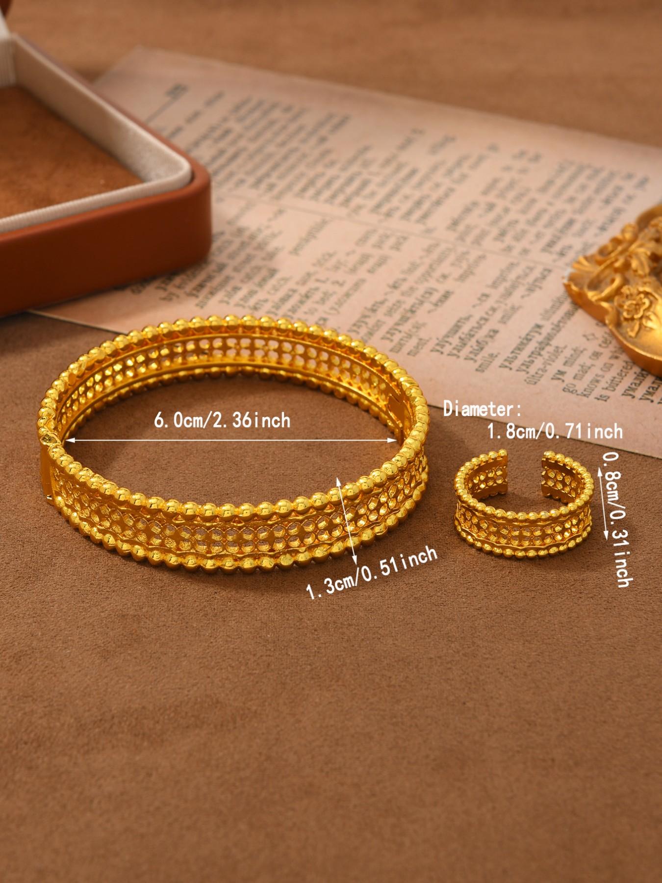 2pcs Middle Eastern Copper Plated 24k Hollow Wide Bracelet Ring Set, Vintage Luxury Party Accessories for Women