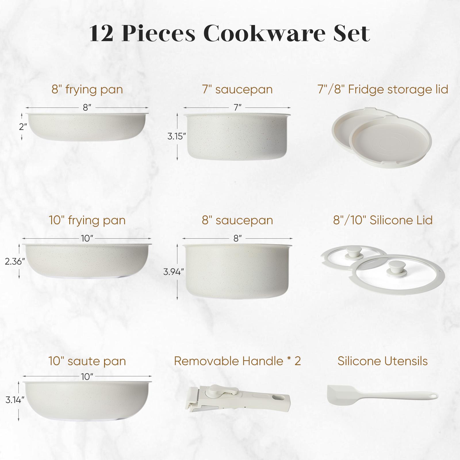12 Piece Non Stick Pots and Pans Set, Versatile Kitchenware for Home Cooking, Oil Efficient Design, Detachable Handles, Beige Cookware Set