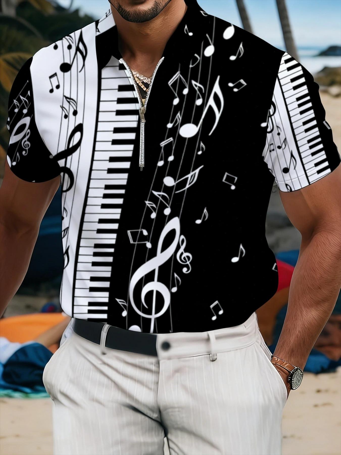 Men's Zipper Polo Shirt with Music Note Print, Summer Trendy Men's Wear, Fashion Piano Keyboard Pattern Top