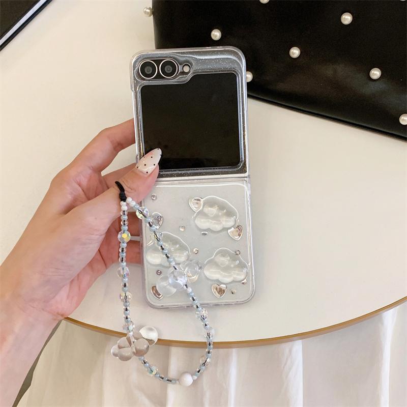 Fashion Glitter Love Cloud Resin Phone Case For Samsung Galaxy Z Flip 7 6 5 4 Flip7 Flip6 Cover with Chain Hand Rope Cute Cases