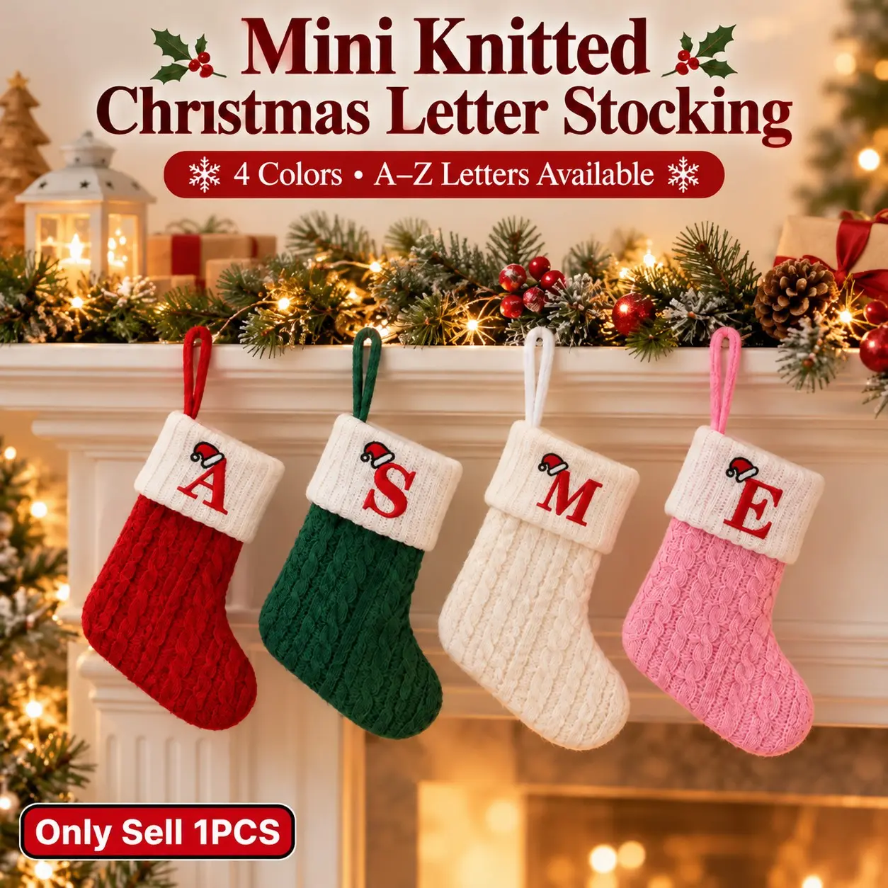 1PC Personalized Mini Christmas Stocking with Embroidered Initial, A-Z 26 Letters, 4 Colors, Cable Knit Monogram Stocking Ornament for Christmas Tree, Fireplace Mantel, Staircase, Family Christmas Gift, Holiday Xmas Home Decor, Tree Decorations