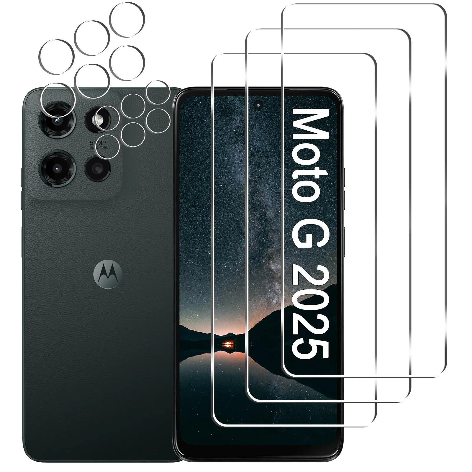 9H Tempered Glass Protective Kit for Moto G 2025 (6.7in) - 3-Pack Smartphone Screen Protectors, 3-Pack Cellphone Camera Lens Guards, Anti-Scratch, Anti-Fingerprint, Bubble-Free, Easy Installation, Resistance Accessory for Tough Daily Use