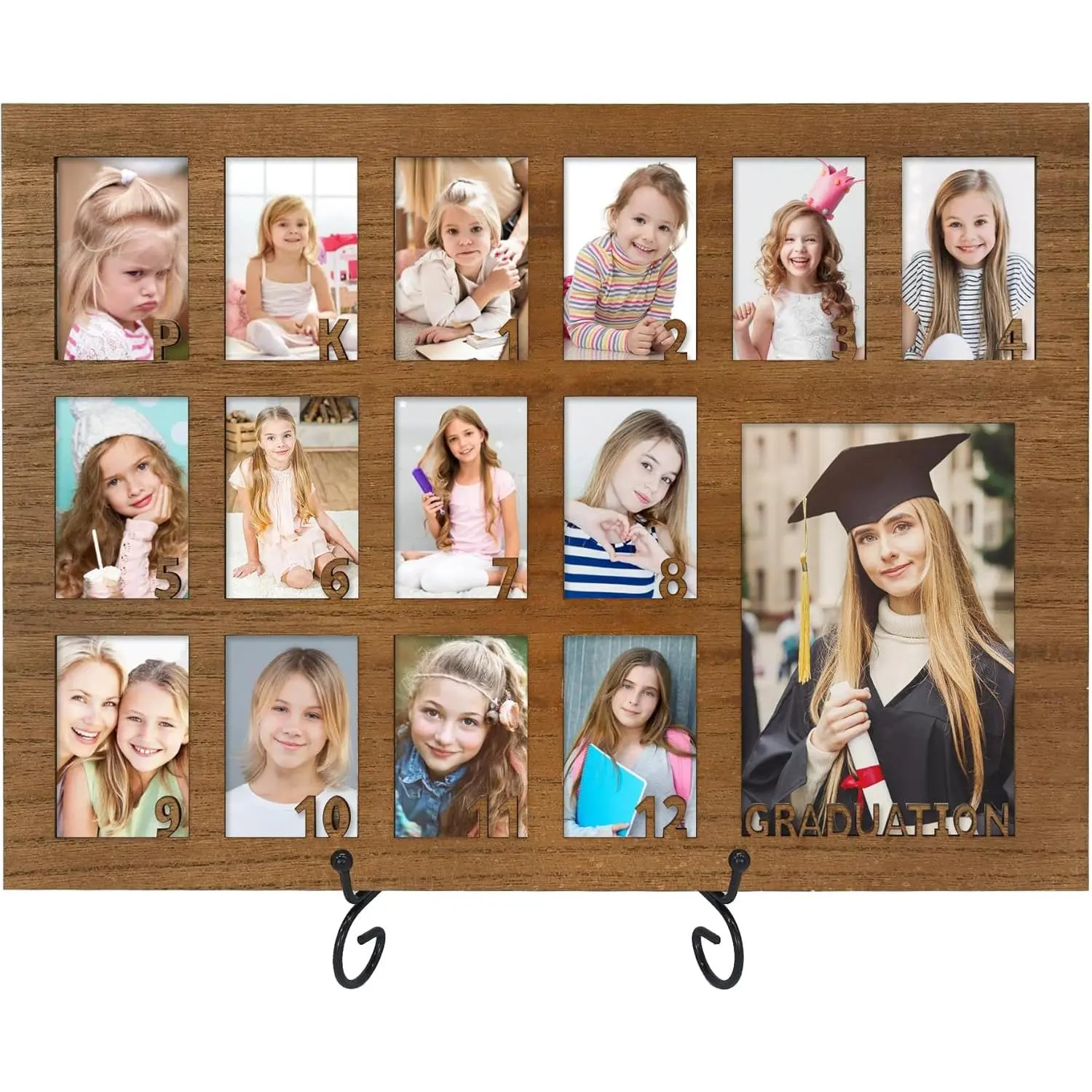 School Years Picture Frame Pre K to 12 Wooden Graduation Gift Collage Frame with Stand Easel, Displays One 4x6 and 2x3 Wallet Photos