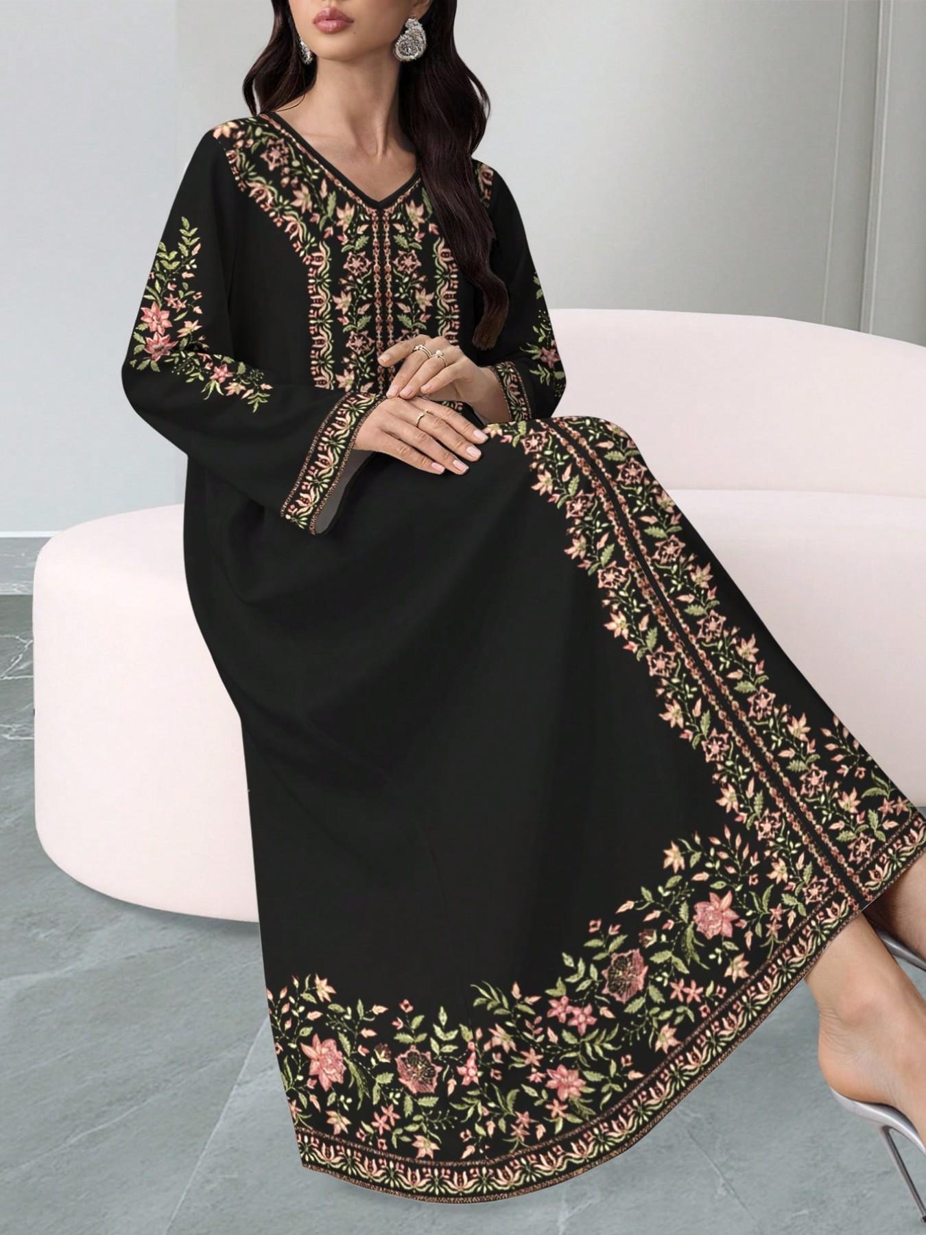 Elegant Muslim Long Dress for Women, Printed Abaya Robe, Floral Abaya, Formal Long Sleeve A-Line Dress, Stylish and Comfortable Islamic Fashion