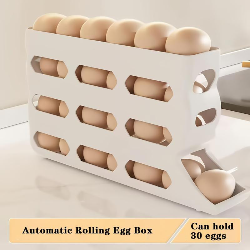30-egg fridge rack - Automatic rolling fridge egg storage box, space-saving egg dispenser holder, 4-layer fridge egg rack, large-capacity fridge egg storage box (white) Easter gift Refrigerator Accessories (DM378-2723