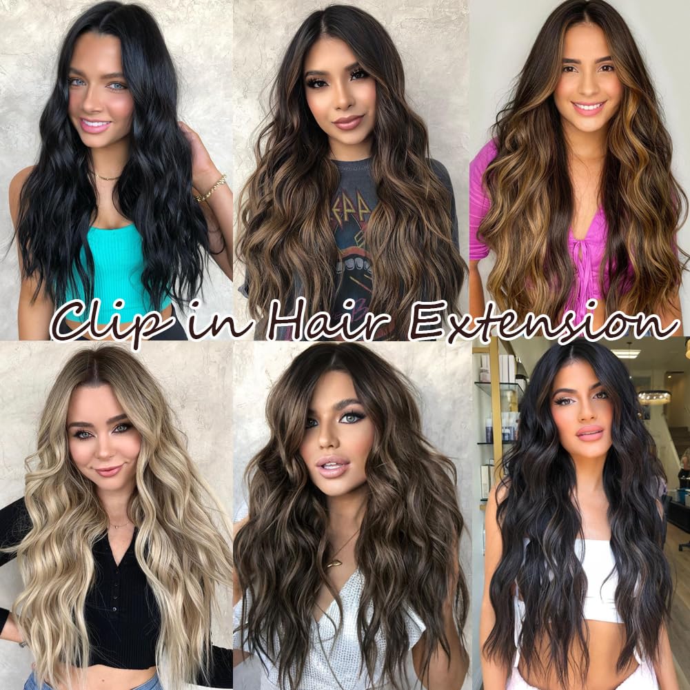 Clip-on hair extensions, long wavy curls, 4 pieces per pack, thickened hair extensions, synthetic highlighted extensions, chestnut gradient, double-layered fiber construction, natural color, 22 inches, Wavy Synthetic Hairpiece, Wavy Hairpieces