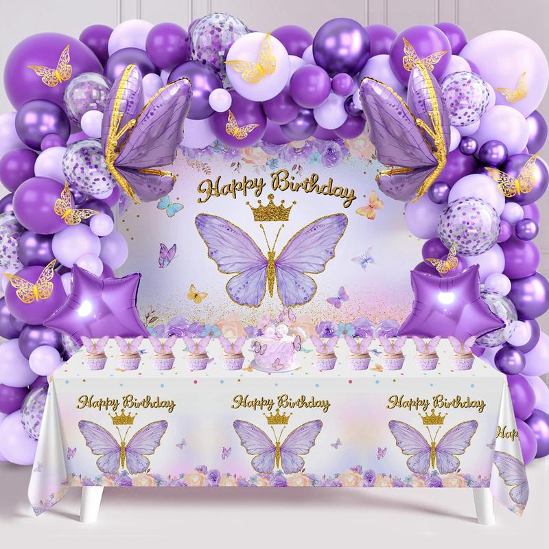 Purple Butterfly Birthday Decorations Pink Balloon Arch Kit Foil Butterfly Balloon,95pc Happy Butterfly Birthday for Girl Baby Shower Party Decor FathersDayGift