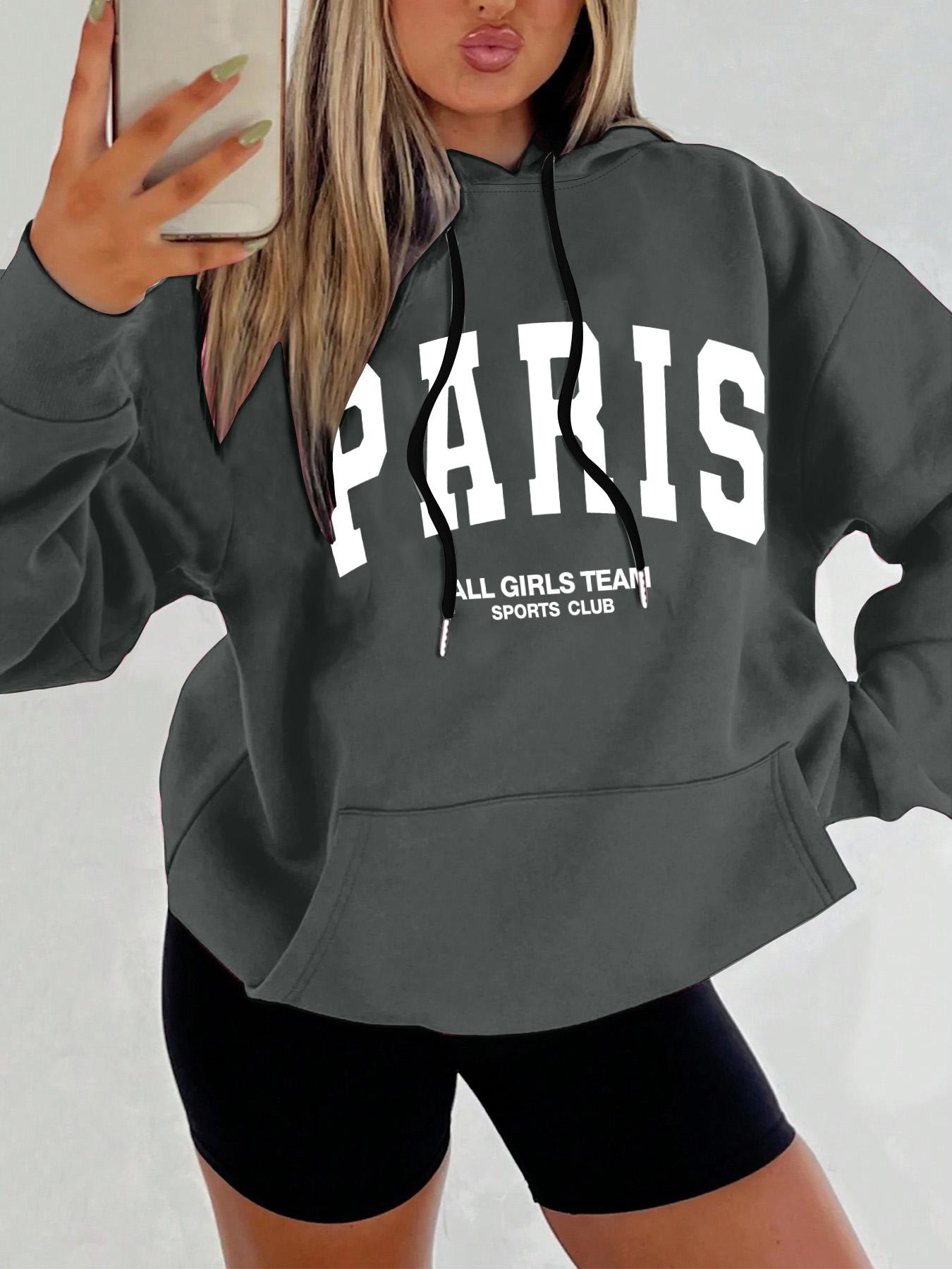 Women's Letter Print Drop Shoulder Hoodie, Fashion Casual Drawstring Pocket Hooded Sweatshirt for Daily Holiday Outdoor Wear, Women Clothing for Fall & Winter