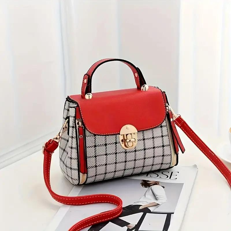 Plaid Pattern Handbag, Women's Buckle Decor Flap Purse, Fashion PU Leather Crossbody Bag Gift Elegant Accessory Style