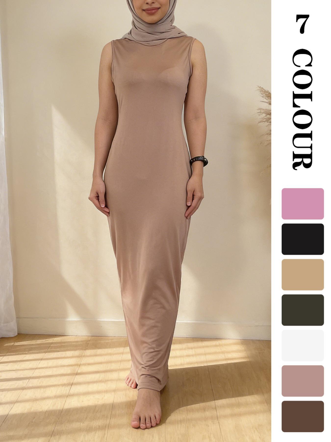 Muslim Sleepwear XS-XL 1pcs inner Women's Long Plain Sleeveless Underdress, Dubai Luxury Islamic Kaftan Pajama, All-Season Sexy Sleepwear