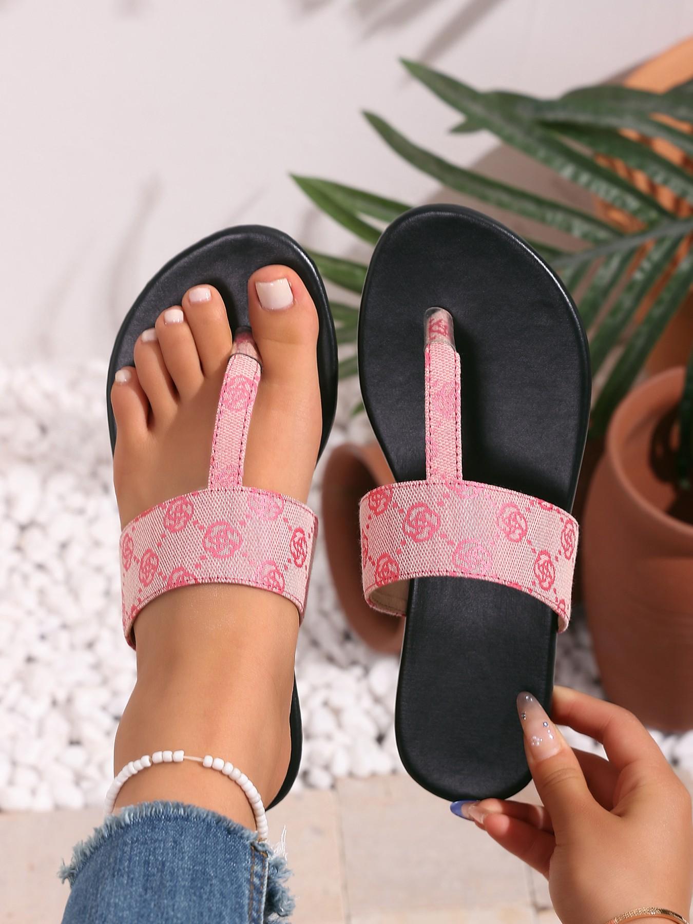 Women's Flat Thong Sandals Monogram Print Open Toe Spring Easter Casual Slip-On Vacation Shoes