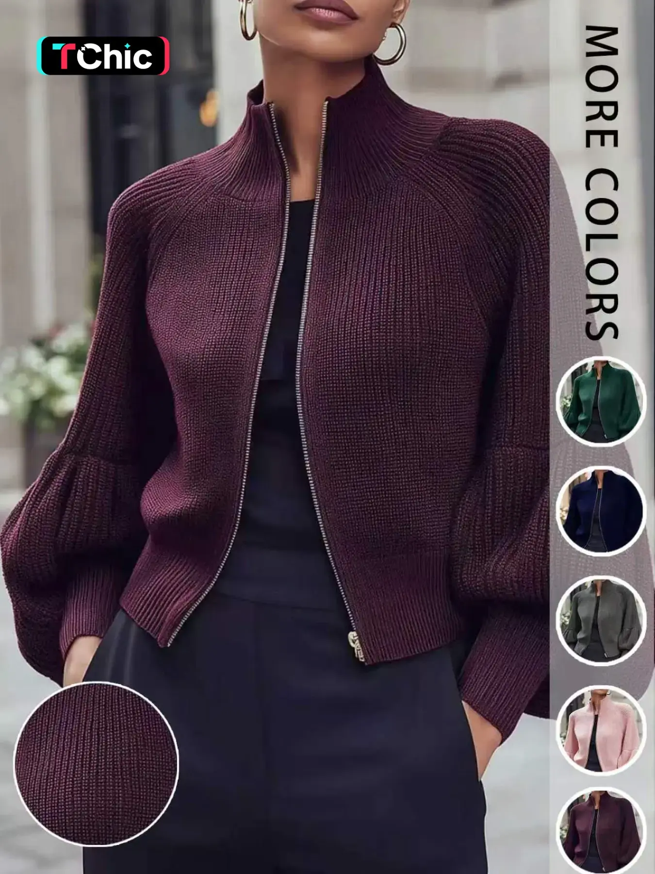 Women's Stand Collar Zipper Knit Cardigan, Lantern Sleeve Short Ribbed Fall Winter Elegant Sweater Coat, Perfect for Dates Dinners Daily Commute