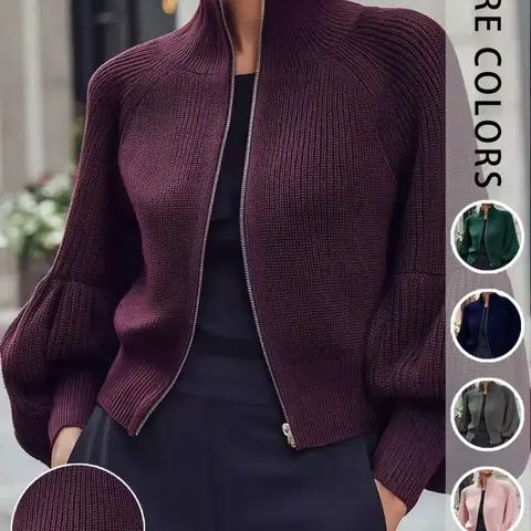 Women's Stand-Collar Zip-Up Knit Cardigan, Ribbed Cropped Sweater Jacket with Lantern Sleeves, Elegant Fit Fall and Winter Knitwear for Dates, Dinners, and Daily Commutes
