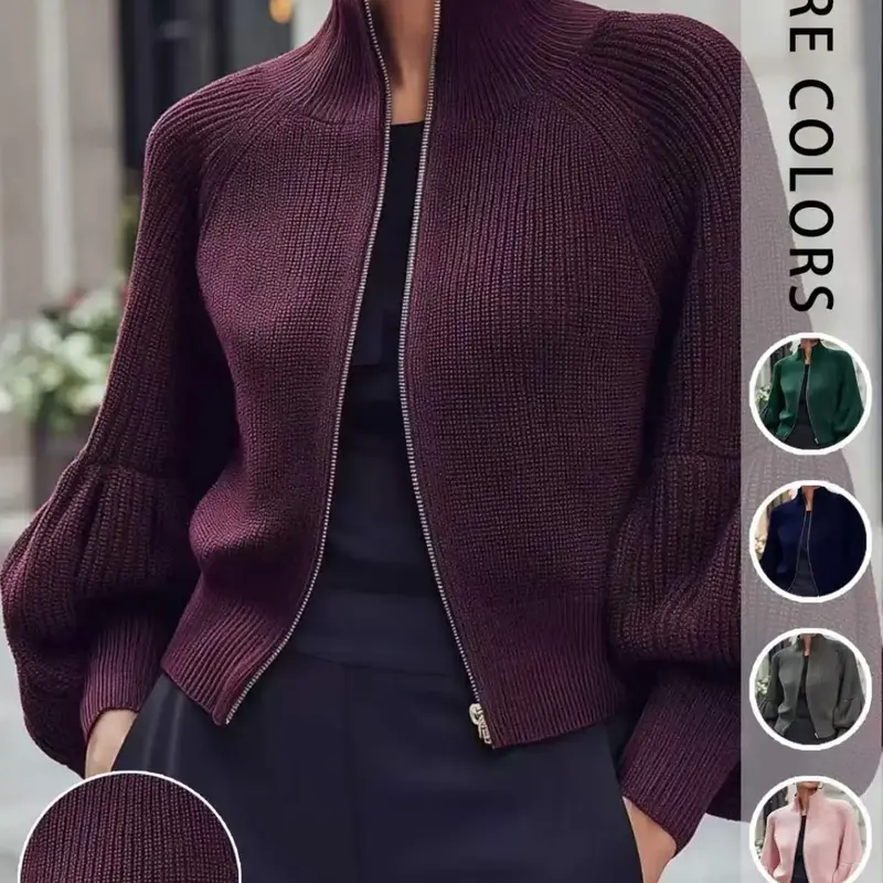 Women's Stand-Collar Zip-Up Knit Cardigan, Ribbed Cropped Sweater Jacket with Lantern Sleeves, Elegant Fit Fall and Winter Knitwear for Dates, Dinners, and Daily Commutes