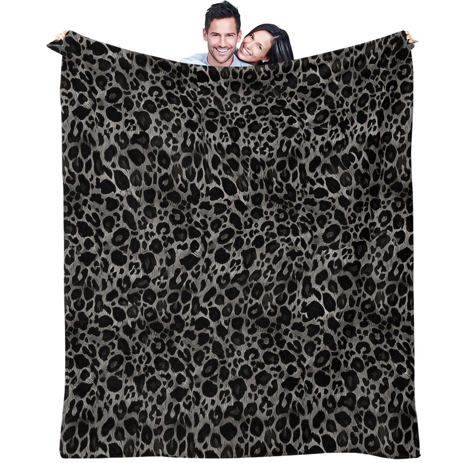 Black Gray Leopard Print Throw Blanket, Soft Skin-Friendly Plush, Lightweight Cozy Blanket for Couch Bed Office, All Seasons, Wild Animal Pattern for Men Women Teens, Aesthetic Room Decor, Perfect Gift
