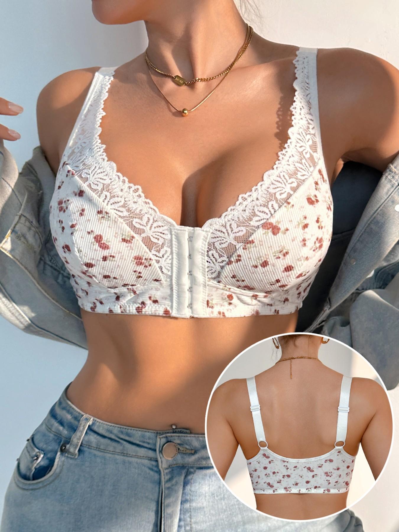 Front Closure Lace Bralette for Women, Floral Print Wirefree Push Up Bra, Comfortable Plus Size Full Coverage Everyday Underwear