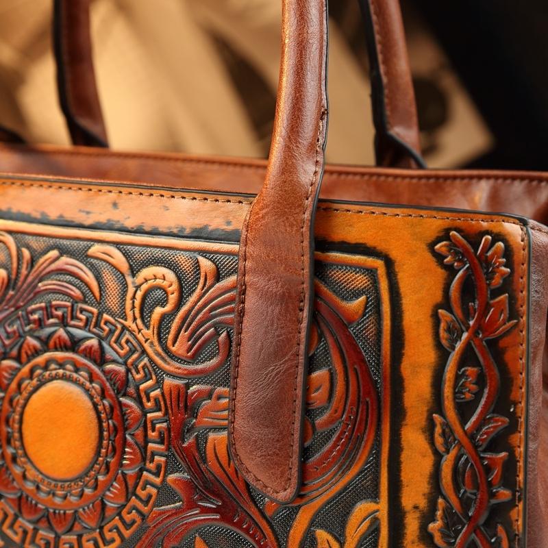 Vintage Tannery Craft Embossed Handbag, Traditional Floral Pressed Large Capacity Commuter Bag, Mom Style Shoulder Crossbody Bag