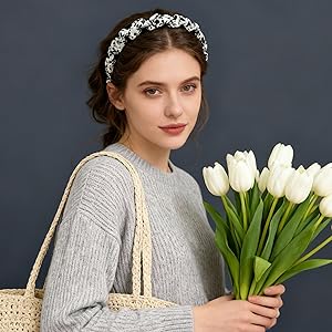 4 Pcs Braided Headbands with Teeth for Women, Handmade Crystal Flower Comb Hairbands, Sparkly Twisted Non-Slip Hard Head Bands, Elegant Silver Black Hair Accessories