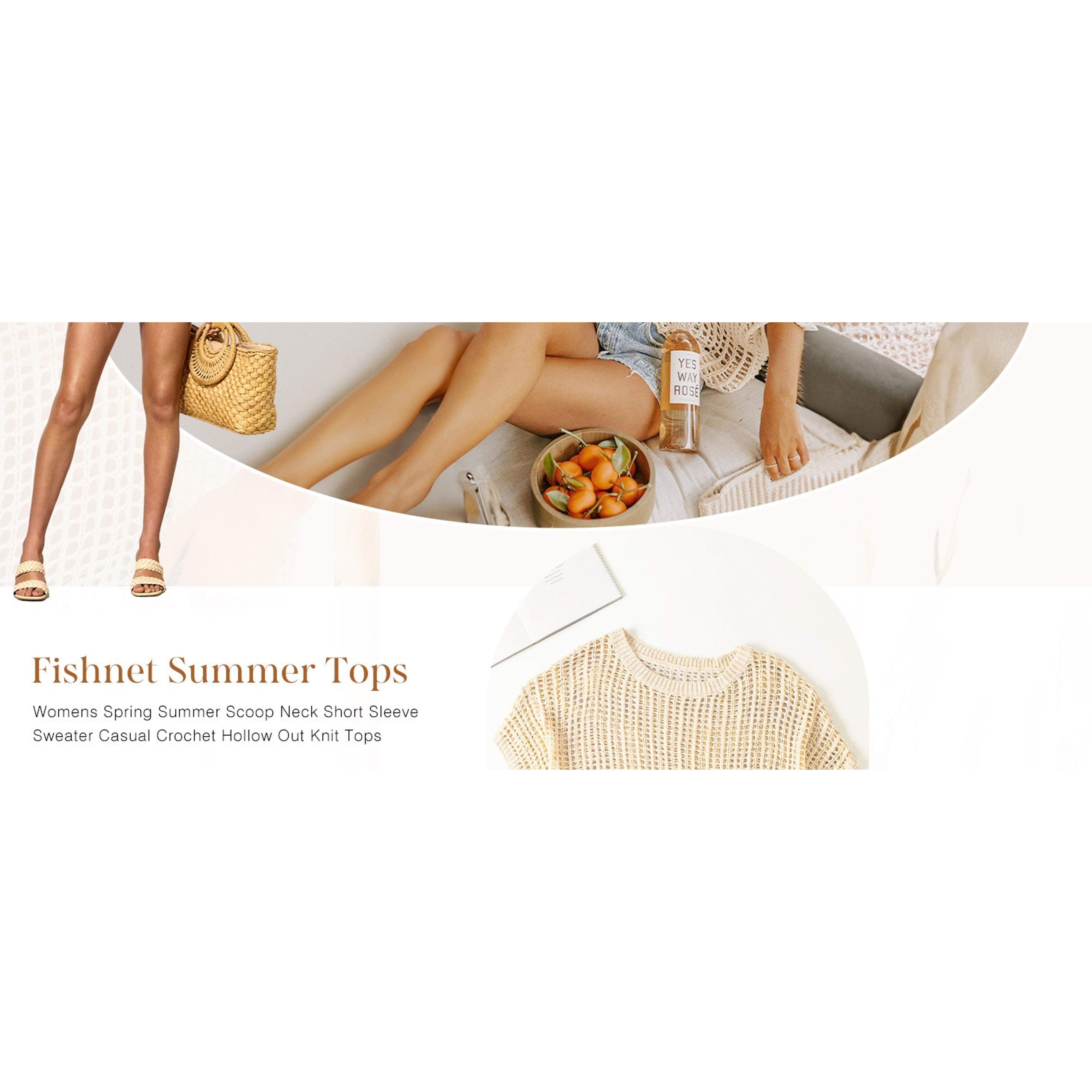 Women's Summer Scoop Neck Short Sleeve Crochet Hollow Out Knit Sweater Top Casual Pullover Beach Cover Up