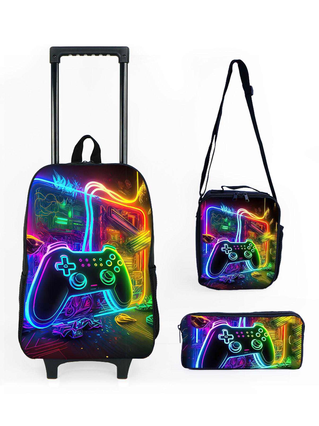 Game player pattern printed 17 inch pull rod backpack three piece set Trolley Bags Rolling Bags